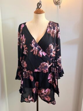 Free People Black Floral Wrap short Romper  with all over floral print